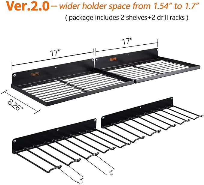 UU-Major Power Tool Organizer with Charging Station,Drill Holder Wall Mount,Garage Storage Shelves for Organization and Storage,Heavy Duty Pegboard Wall Organizer Set Solid Metal Black 2 Pack 4 Set…