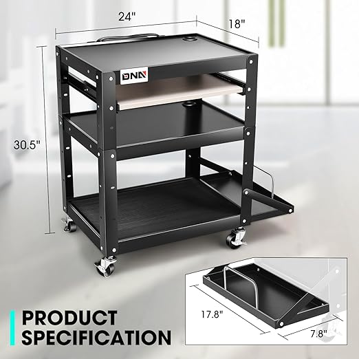 DNA Motoring Steel AV Cart 3-Layer Rolling Projector Utility Cart, 24" X 18" X 20" - 30.5" Height Adjustable, with Wheels, Pullout Keyboard Tray, Power Strip, Cord Management, TOOLS-00495