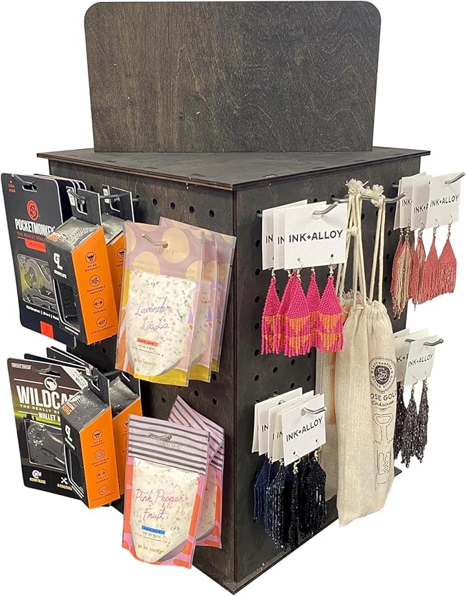 TORCHED DISPLAYS Rotating Display Stand | 22.5 x 16.76-inch | Rotating Organizer Wood Pegboard | Pegboard Display Stand for Craft Shows, Vendor Events, Jewelry, Accessories | Ebony