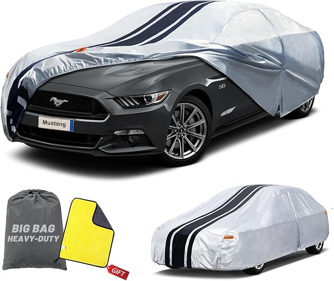 10-Layer Car Cover Waterproof All Weather for Automobiles, Outdoor Full Cover Snow Sun UV Protection Custom Fit Ford Mustang, Chevy Camaro XK,BMW 3 Series, A4 Length 186-193 inch