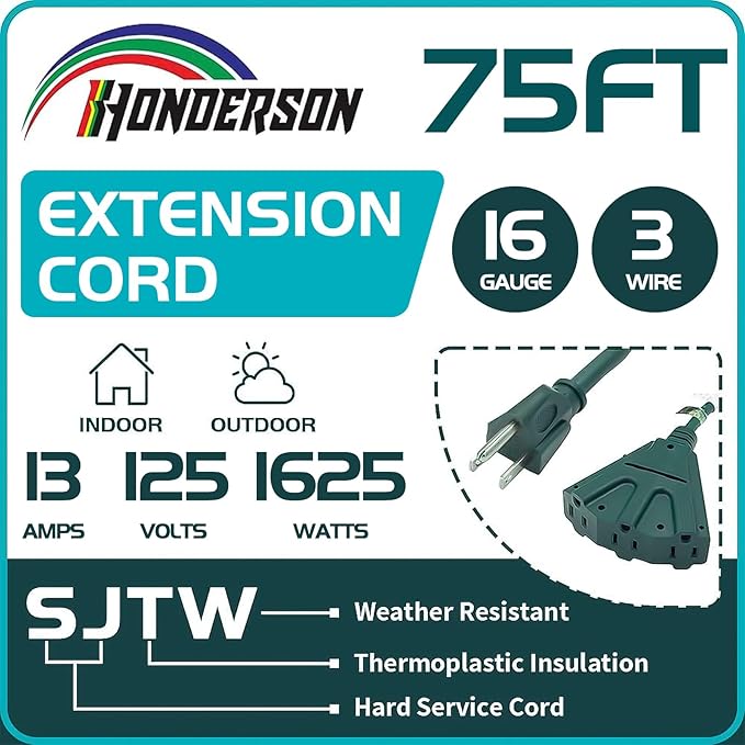 3-Outlets Indoor Outdoor Extension Cord Weatherproof, UL Certified, 16 Gauge 75FT Green 3 Prong Heavy Duty, 16/3 SJTW 10A Power Cord