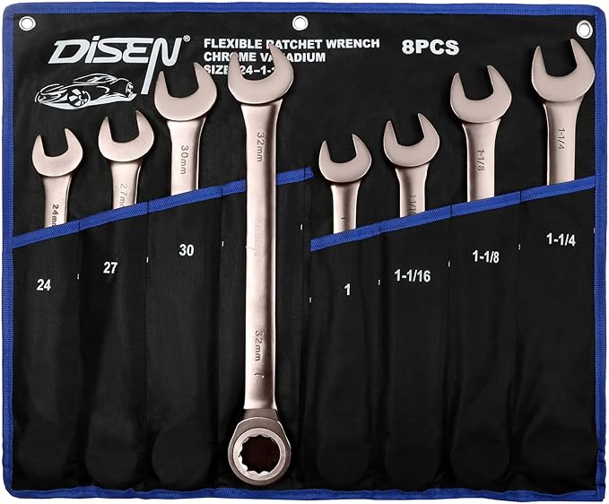 DISEN 8pcs Large Wrench Set Nickel Plating Jumbo Ratcheting Wrench Set Metric & SAE Combination Wrench Set with Rolling Pouch 24,27,30,32mm & 1'',1-1/16'',1-1/8'',1-1/4'' CR-V Steel Father's Gift