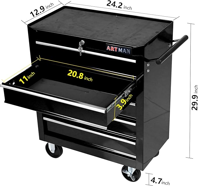 YOPTO Multifunctional Cart with 5 Ball-Bearing Drawers,Portable Rolling Tool Chest W/ 4 Wheels,Key Locking and Pull Handle,for Garage,Warehouse,Workshop,Repair Shop,Black