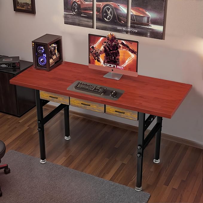 60in Adjustable Height Workbench Desk with Drawers,Power Outlets, Rubber Wood Top Heavy-Duty Work Table, 2000 LBS Load Capacity Work Station for Garage, Workshop, Office, Home