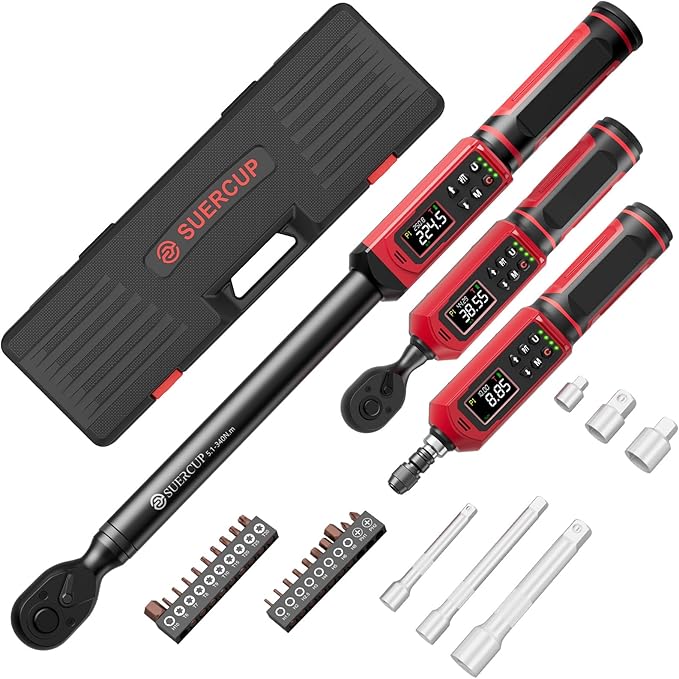 1/4”&3/8"&1/2" Digital Torque Wrench Set(0.15-10Nm&0.66-44.29Ft.Lb/0.9-60N.m&3.8-250.8Ft.Lb/5.1-340Nm), with Vibration, Buzzer,LED Notification and Five Units of Measure, for Car,Moto Repair
