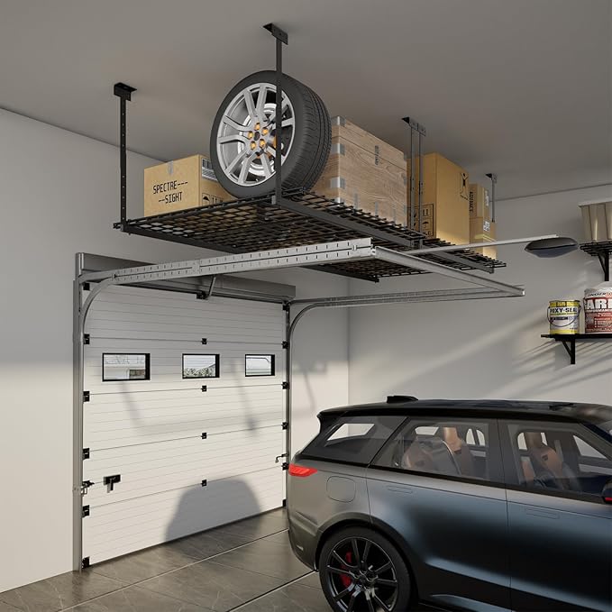 Jusgym 45-Inch x 45-Inch Overhead Garage Storage Rack, 17"-28" Height Adjustable Garage Ceiling Storage Racks, Heavy Duty Storage Organizer System, 250LBS Weight Capacity, Black