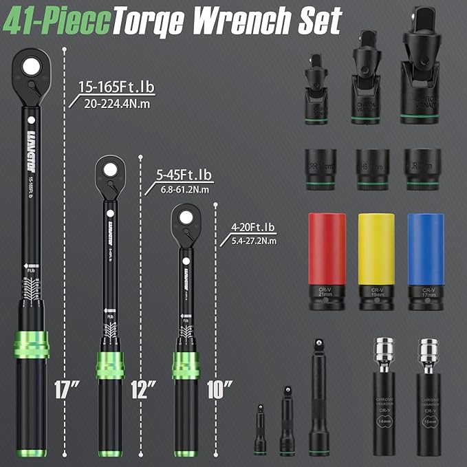 Torque Wrench Set, 1/4 3/8 1/2 Drive 41-Piece Kit with Sockets & Extensions, ±3% Accuracy Dual Scale, CR-V Steel, 72-Tooth Ratchet for Auto, Bike, Moto Repair & Industrial