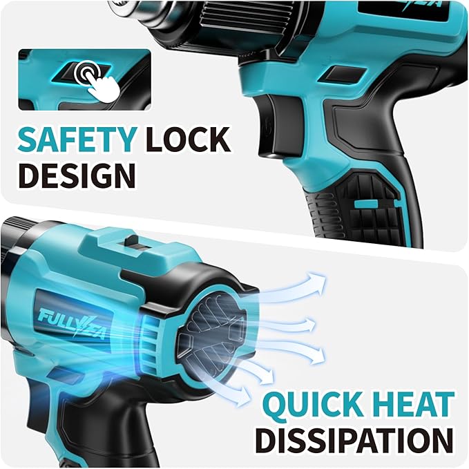 FULLYEA Heat Gun Cordless, Portable Hot Air Gun Kit with 5 Nozzles, Max 550℃/1022℉, Soldering Heat Gun with 2*4.0Ah Battery & Charger, Cordless Heating Gun for Shrink Tubing, Vinyl Wrap, Craft (Blue)