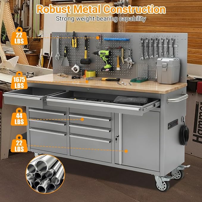 GAOMON 61-inch Rolling Tool Chest, 10 Drawers Garage Workbench Storage Tool Cabinet with Power Strip, Solid Rubber Wood Top, 1675 LBS Load Mobile Workstation, Heavy Duty Rolling Cabinet, Silver