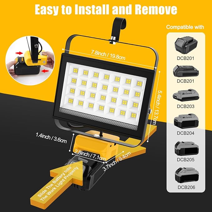 T-SUNiceM Cordless LED Work Light Compatible with Dewalt 20v Max Battery, 100W 10000LM Flood Light, Flashlight for Dewalt 20v Tools with USB & Type-C Charging and Pivoting Head for Jobsite, Camping