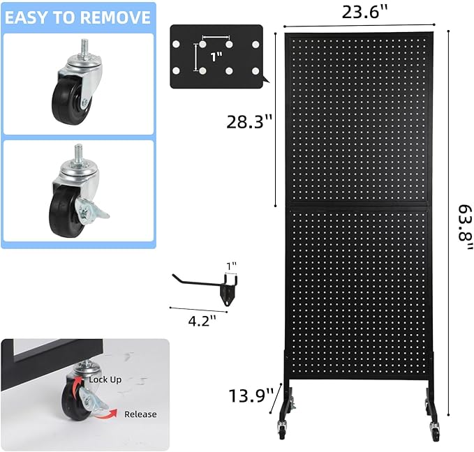 NectaCol 2'x 5' Standing Pegboard Display with T-Base, Pegboard Display Stand with Wheels, Metal Peg Board Display Rack, Art Display Stand, Extra 10 Pieces Hooks - Black