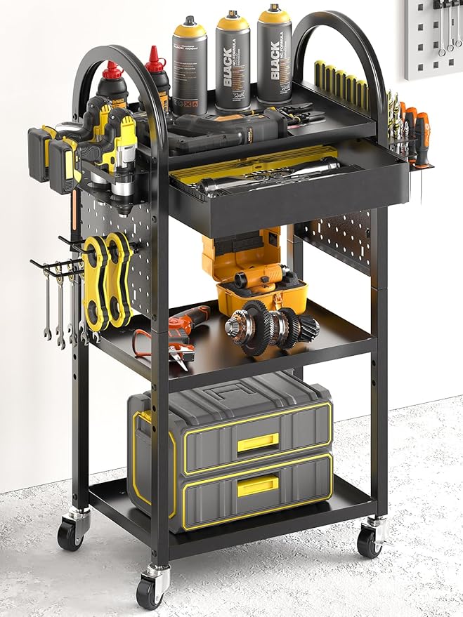 Warome Power Tool Organizer Cart with Drawer, Garage Floor Rolling Storage Cart on Wheels for Mechanic, Heavy Duty Utility Rack Shelf for 360° Swiveling, Garage Orgnization for Drill Holder