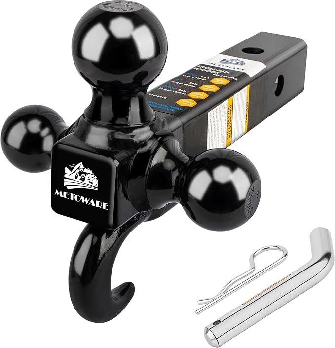 MEOTWARE Trailer Hitch Tri-Ball Mount with Hook - Heavy Duty Trailer Ball Size 1-7/8", 2" and 2-5/16", Fits 2 Inch Receiver Pickup Truck Hitch Receiver Pin and Clip Included