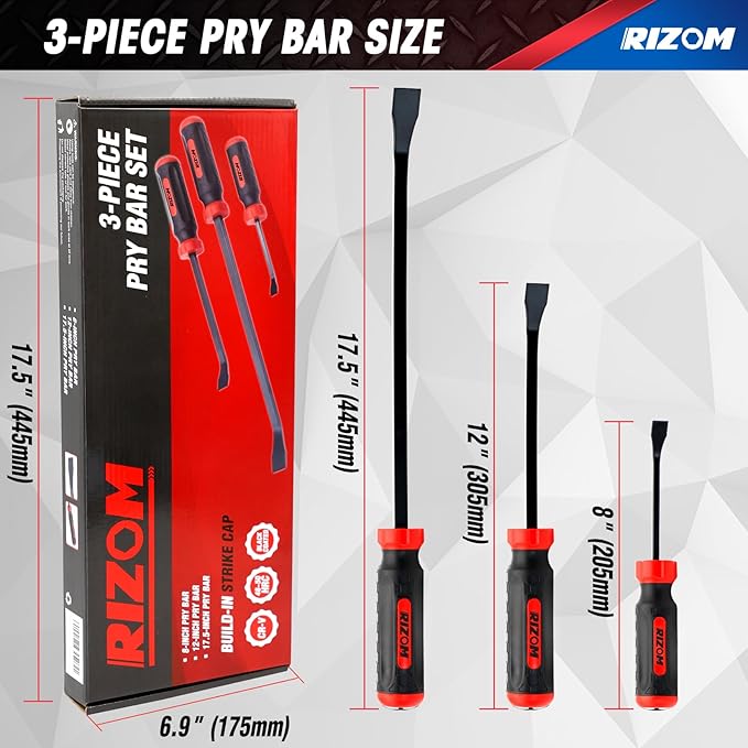 Rizom Pry Bar Set, 3-Piece Pry Bar with Strike Cap Handle, Angled Tip for Prying, Lifting and Pulling Objects