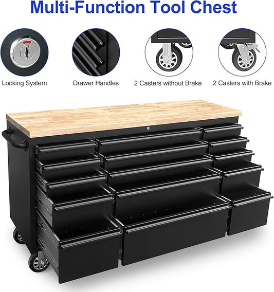 72-Inch Steel Rolling Tool Box with 15 Drawers, Heavy-Duty Mobile Garage Workbench, Lockable Large Tool Chest Storage Cabinet with Wheels for Workshop, Matte Black Finish
