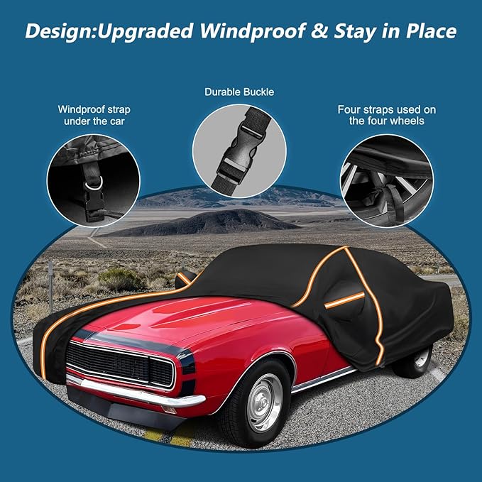 Car Cover for Chevy Camaro 1967-1981, Waterproof 210D Oxford Cloth and Cotton Cover Outdoor Full Car Covers with Zipper Windproof Heavy Duty All Weather with Wind, Sun, UV and Dust Protectio
