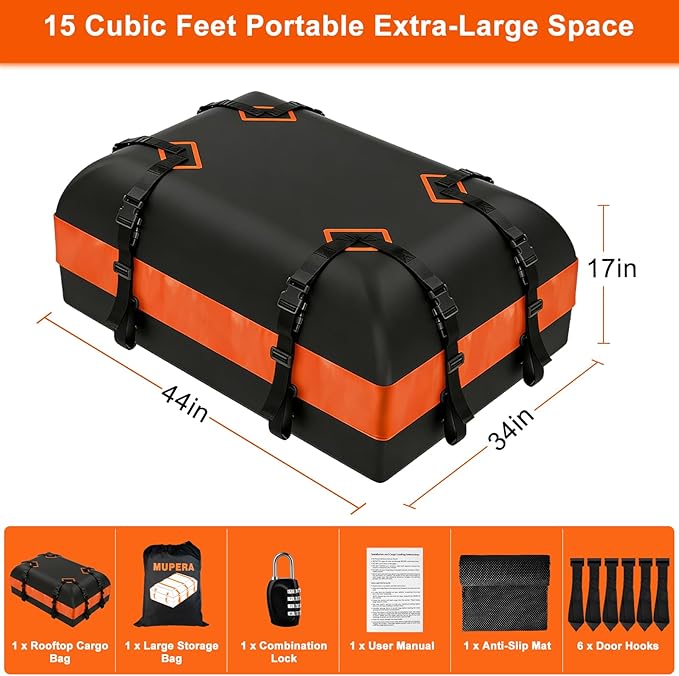 Mupera 15 Cubic Ft Waterproof Car Roof Cargo Carrier for All Vehicles with/Without Roof Rack, Rooftop Cargo Carrier with Strip Includes Anti-Slip Mat, 6 Door Hooks & Combination Lock