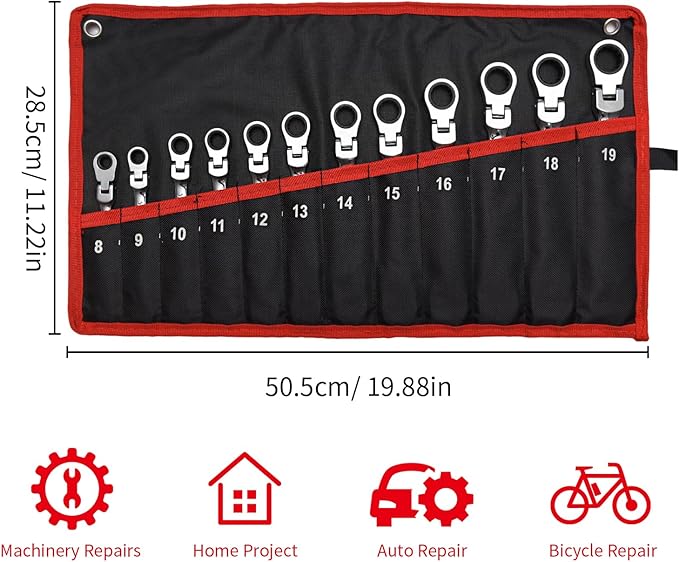 WISEUP 12Pcs Ratchet Wrench, CR-V Chrome-vanadium Steel 8-19mm Wrench, 180 ° Adjustable Combination Wrenches, Double-end Ratchet Wrench, Anti-slip Rust-proof, Labor-saving Tools
