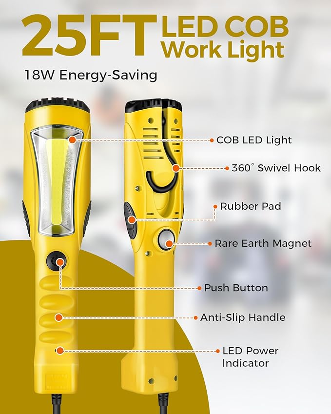 18W LED Work Light, 25FT 2000LM COB LED Light, Handheld Underhood Trouble Light with Cord 16 Gauge SJTW, Swivel Hook, for Garage, Workshop, Car Repair Scene, ETL Listed, Yellow Y04WL06