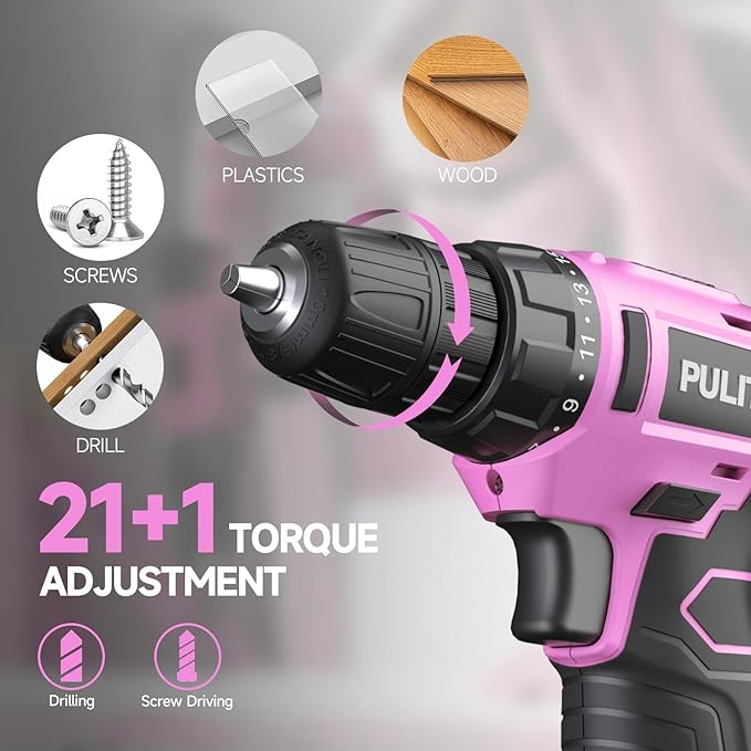 PULITUO 12V Pink Cordless Drill Set - Power Drill Kit with Battery and Charger, 3/8-Inch Keyless Chuck, Built-in LED, 21+1 Torque Setting