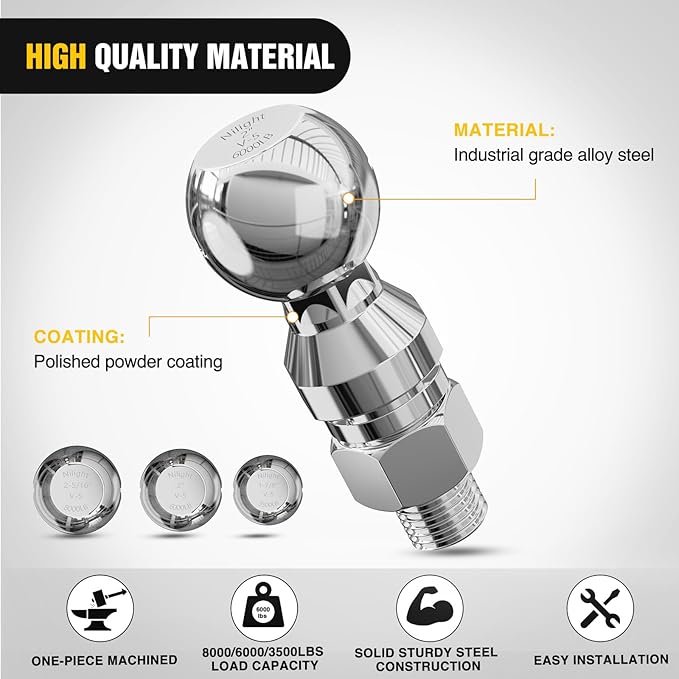 Nilight 1-7/8", 2" and 2-5/16" Diameter Chrome Trailer Hitch Ball, Maximum Load Capacity Up to 8,000 lbs, 1- Inch Shank Universal Fit Gray