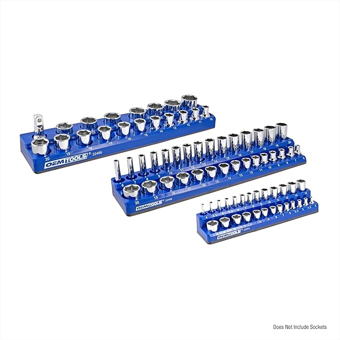 OEMTOOLS 22486 3 Piece Metric Magnetic Socket Tray Set, Magnetic Socket Organizer Holds Up to 75 Sockets in 1/4", 3/8", and 1/2" Sizes, Blue Magnetic Socket Holders