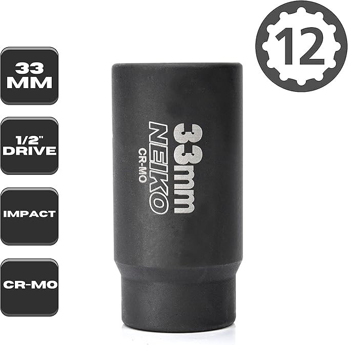 NEIKO 02524A 33mm Socket | 1/2” Drive Deep Impact Socket | Spindle & Axle Nut Socket | 12 Point |Chrome Molybdenum Cr-Mo |Deep Well Hub | Triple Square | Axle Shaft Nut Remover