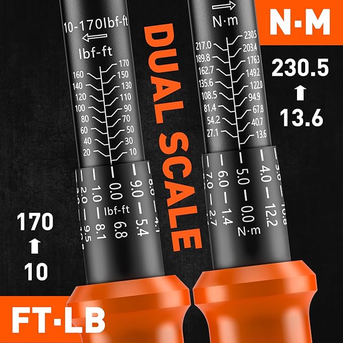 HORUSDY 1/2-Inch Drive Click Torque Wrench Set – 10–170 ft-lb / 13.6–230.5 Nm, ±3% Precision, Dual Scale, 72-Tooth Reversible Head with 5" Extension & Adapter for Car, Tire, and Motorcycle Use