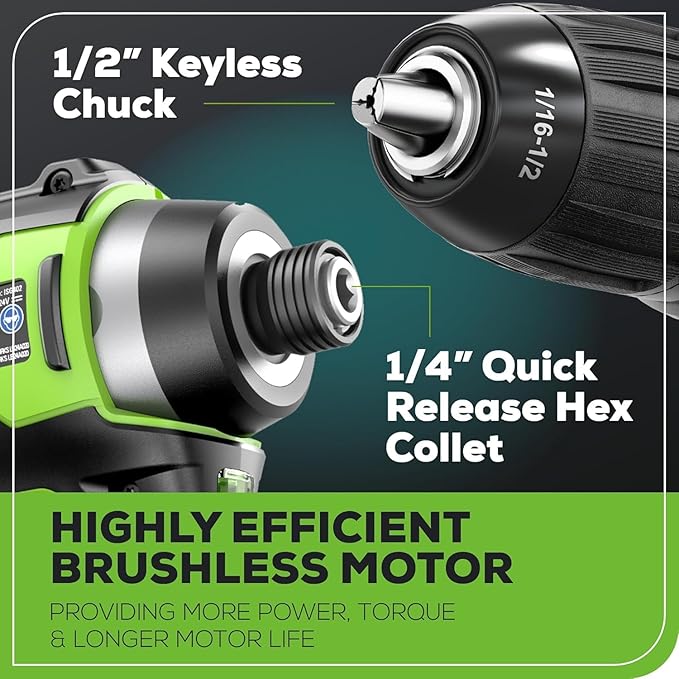 Greenworks 24V Brushless Cordless Drill and Impact Driver,Power Tool Combo Kit Included 1/2”Drill & 1/4”Hex Impact Driver and (2) Batteries, Fast Charger, 2 pcs Drill Bit Set & Bag