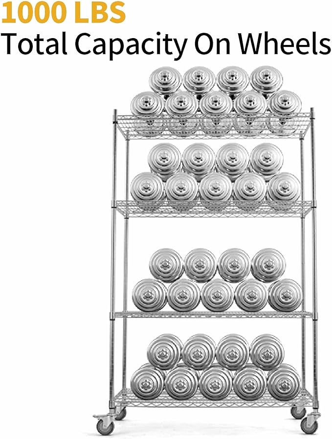 Rolling Shelves With Wheels Storage Rack With Wheels Wire Racks Rolling Wire Shelves on Wheels Stainless Steel Metal Shelving With Wheels for Garage Kitchen Pantry(48"L x 24"W x 76"H 4-Tier) (Chrome)