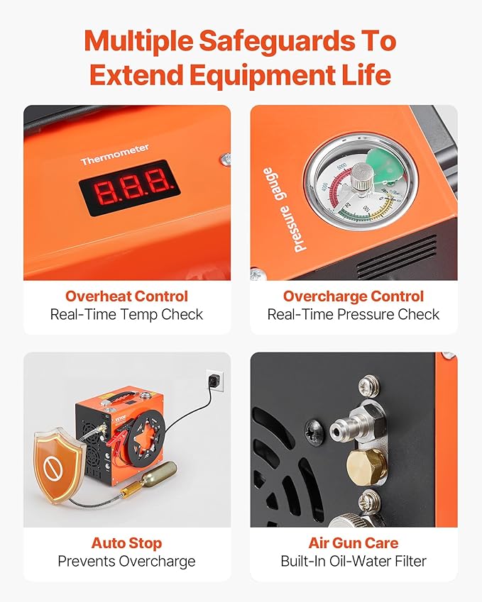 VEVOR PCP Air Compressor, 4500PSI/30Mpa Portable PCP Airgun Compressor - Built-in Water and Fan Cooling System, Auto-Stop | DC12V/AC120V Paintball Tank Compressor for Air Rifle, Scuba Diving Bottle