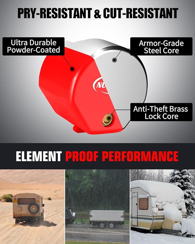 Heavy Duty Anti Theft Trailer Lock, Universal Fit 1-7/8", 2" and 2-5/16" Couplers, Reinforced Solid Steel Tow Lock for Trailer Tongue, Hitch Lock for RV, Cargo, Boat, Camper, Utility (Red)