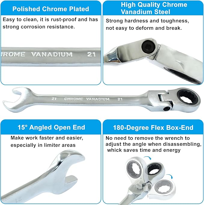 21mm Flex Head Ratchet Wrench, 12 Point Chrome Vanadium Steel Combination Spanner with 72 Tooth Ratcheting Gear, Metric Industrial Grade Tool for Automotive and Mechanical Maintenance