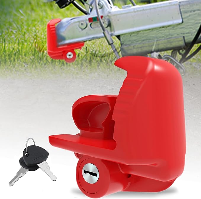 Heavy Duty Trailer Hitch Lock with Keys – Universal Coupler Lock Fits 1-7/8", 2", 2-5/16" Ball Hitches, Adjustable Steel Tongue Lock for Boat, RV, Camper & Truck, Anti-Theft Security, Red