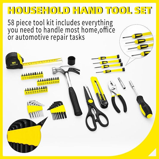 58-Piece Tool Kit Basic Home Repair Tool Set, General Household Hand Tool Kit,Small Tool Kit with Plastic Toolbox Mini Tool kit for Women, Office & College Repairs Yellow