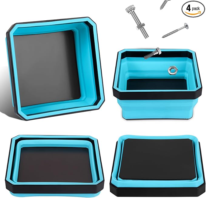 Collapsible Parts Tray Set, 4 Pack New Version Magnetic Tool Trays for Screw Bolts Nuts Washers Pins & Small Metal Parts-4.5' Square Silicone Bowls with Double Sided Magnetic Base(Sky Blue)