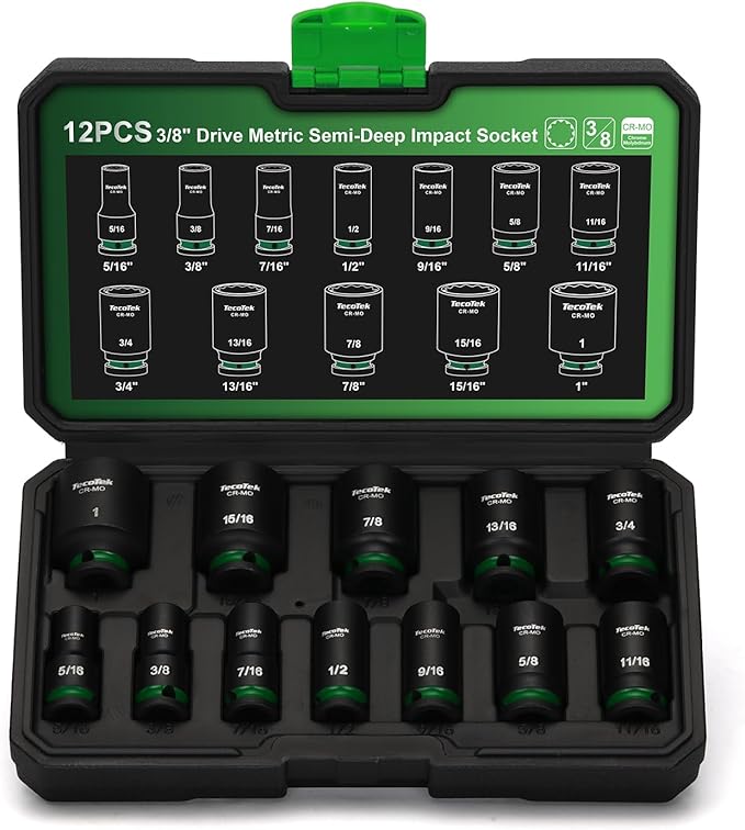 3/8-Inch Drive 12-Point SAE Semi-Deep Impact Socket Set, Mid-Length Socket Set, 5/16-Inch to 1-Inch, CR-MO, Stamped and Ink Filled Size Marking, 12-Piece
