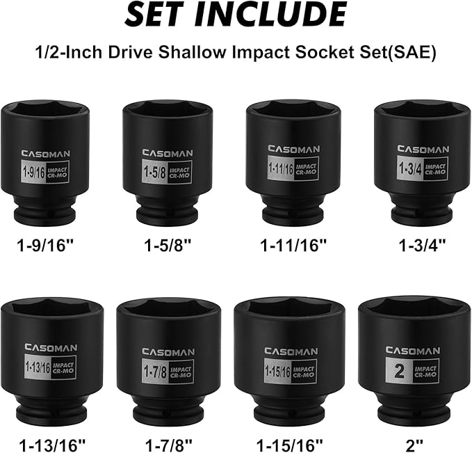CASOMAN 1/2-Inch Drive Shallow Spindle Axle Nut Impact Socket Set,1-9/16" to 2", 6-Point, SAE, CR-MO, 8 Piece 1/2" Heavy Duty Impact Socket Set
