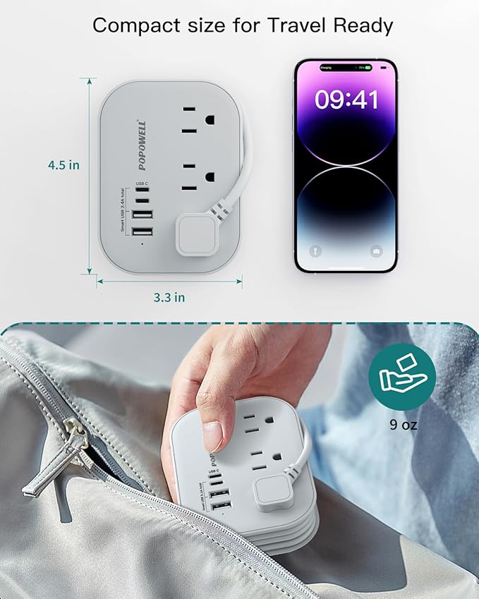 Flat Plug Power Strip- USB Travel Power Strip, 3 Outlets and 4 USB Ports(2 USBC) Desktop Charging Station, 5 Ft Wrapped Extension Cord, Non-Surge Protector for Cruise Essentials, Travel, Home, Dorm.