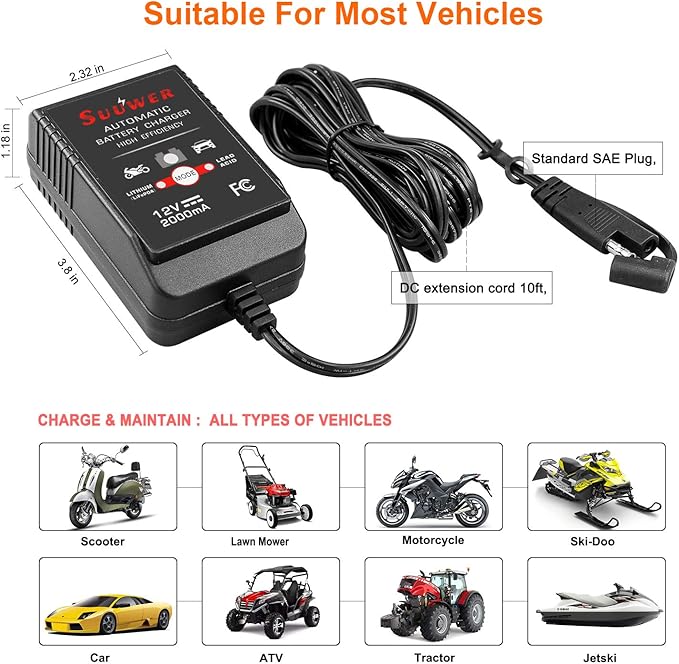 12V 2-Amp Fully-Automatic Smart Battery Charger & Maintainer with 12FT Cord, SAE Connector, Alligator Clips, OT Terminals for AGM, SLA, Lead Acid & LiFePO4 - Car, Motorcycle, ATV, Boat