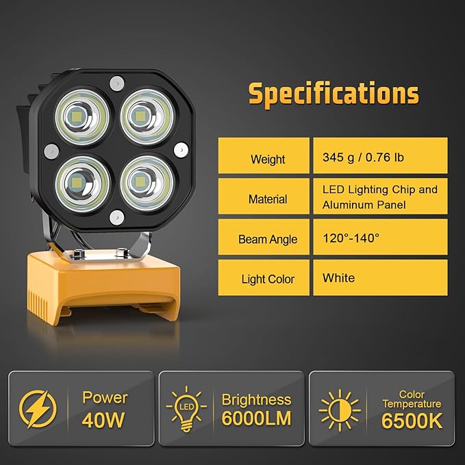 6000LM Work Light Compatible with Dewalt 20V Battery, Portable 40W LED Light with Low Voltage Protection Adjustable 120° Flashlight Gift for Car Repairing, Workshop, Outdoor, Emergency