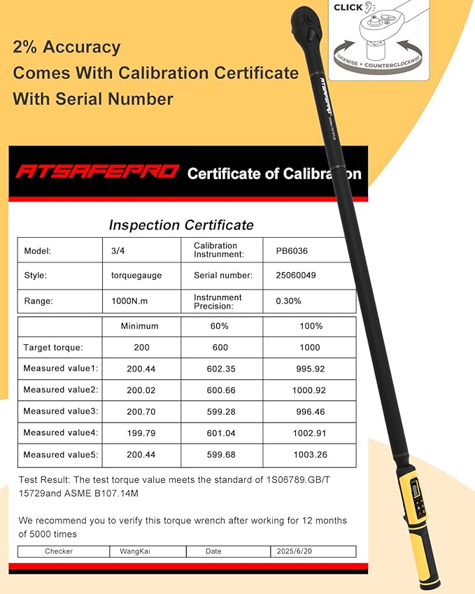 ATsafepro Digital Torque Wrench 3/4-Inch Drive, 15-1000 Nm(11-737.5 ft-lb),±2% Accuracy, Vibration/Buzzer/LED Alert,5 Units, 9 Presets & 500 Data Storage, 3/4 Torque Wrench for Truck, Heavy Machinery