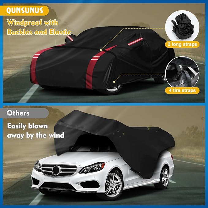 QUNSUNUS 6 Layer Car Cover for Mercedes Benz E-Class Sedan 2006-2025 Waterproof All Weather 420D Windproof for Mercedes Benz E 350 Car Cover Hail Protection with Zipper