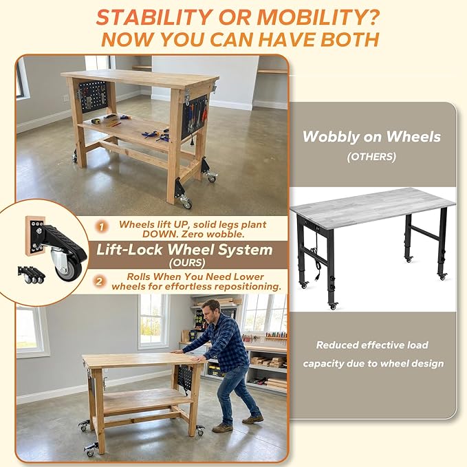 60" Heavy Duty Foldable Workbench with Transformable Wheels and Tool Storage Shelf, Max Load 2500 LBS, Rubber Wood Work Bench for Garage, Woodworking Table with Pegboard