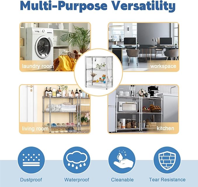 PVC Waterproof 3 Shelf Wire Rack for Wire Shelf Cover - 24" W x 14" D x 30" H - Protects from Dust and Debris - Only Cover (Transparent)