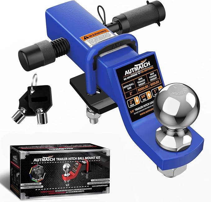 AUTMATCH Trailer Hitch Ball Mount with 2 Inch Hitch Ball - Fits 2" Receiver with Hitch Tightener, 8000Lbs Capacity Ball Hitch, 2-Inch Drop with 5/8" Hitch Lock Pin, Blue