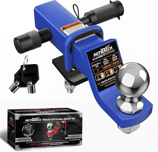 AUTMATCH Trailer Hitch Ball Mount with 2 Inch Hitch Ball - Fits 2" Receiver with Hitch Tightener, 8000Lbs Capacity Ball Hitch, 2-Inch Drop with 5/8" Hitch Lock Pin, Blue