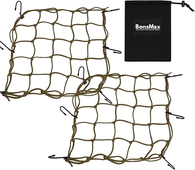 2 Pack Small Cargo Net for Motorcycle, Bike, ATV, UTV, 15"x15" Elastic Bungee Mesh Net with Hooks, Secure Gears, Helmet, Luggage, Stretch up to 30"x30"