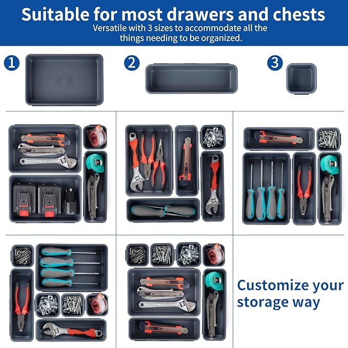 45 Pack Tool Box Organizer Tray, 3-Sizes Tool Box Organizers And Storage, for Hammer, Wrench, Screw, Small Parts Toolbox Organization, Tool Cart Chest Garage Drawer Organizer Tray, Grey
