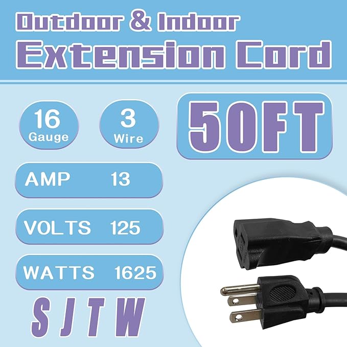Indoor Outdoor Extension Cord 50 FT, 16/3 SJTW Weatherproof Black Electrical Cords, 13 AMP Heavy Duty 3 Prong Power Cable Great for Garden, Landscaping & Holiday Decorations